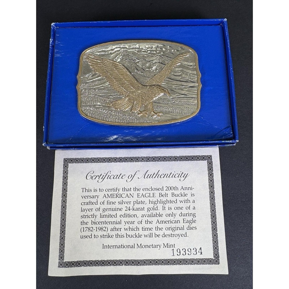 1982 IMM American Eagle Belt Buckle w COA Box 24K Gold Silver Plate VTG